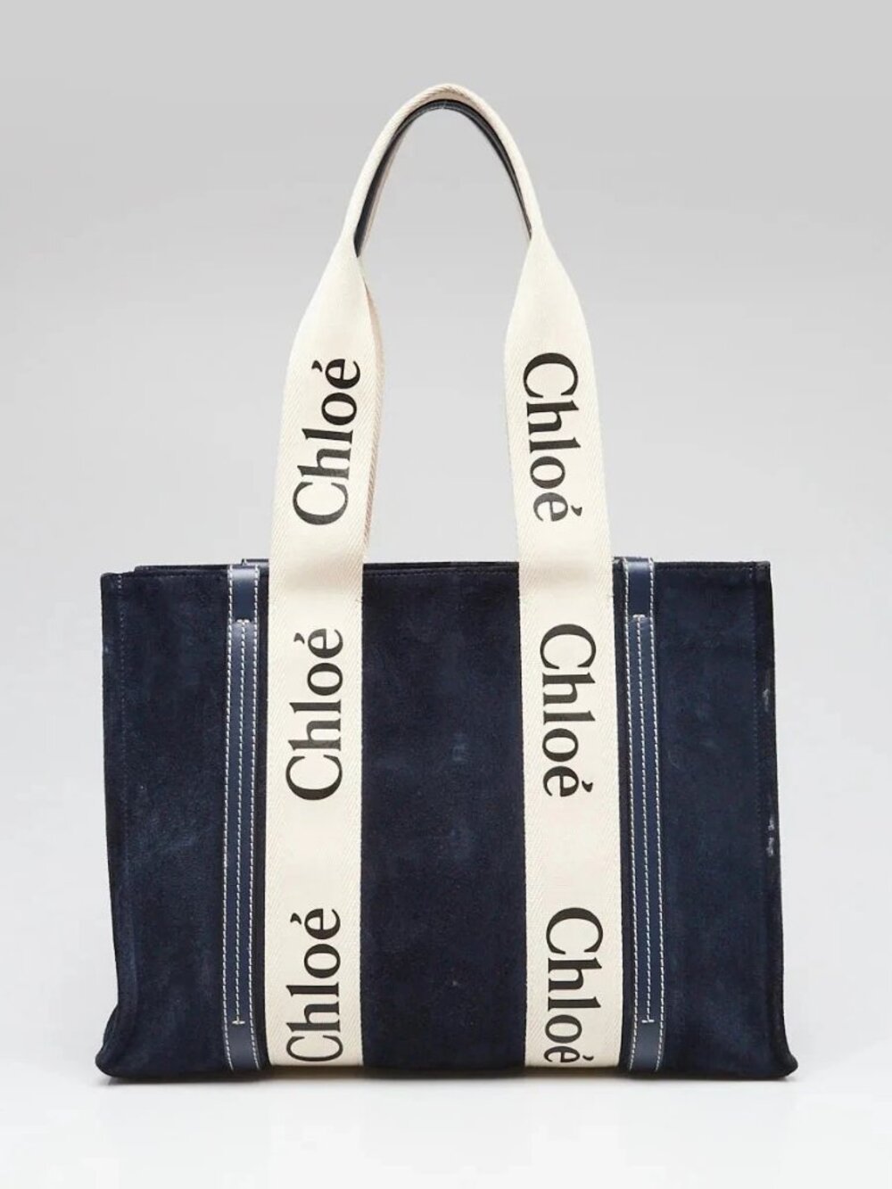 Chloe Blue Suede/Canvas Medium Woody Tote Bag